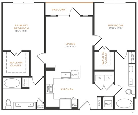 Floor plan for 2 beds, 2 baths, 1097 sqft